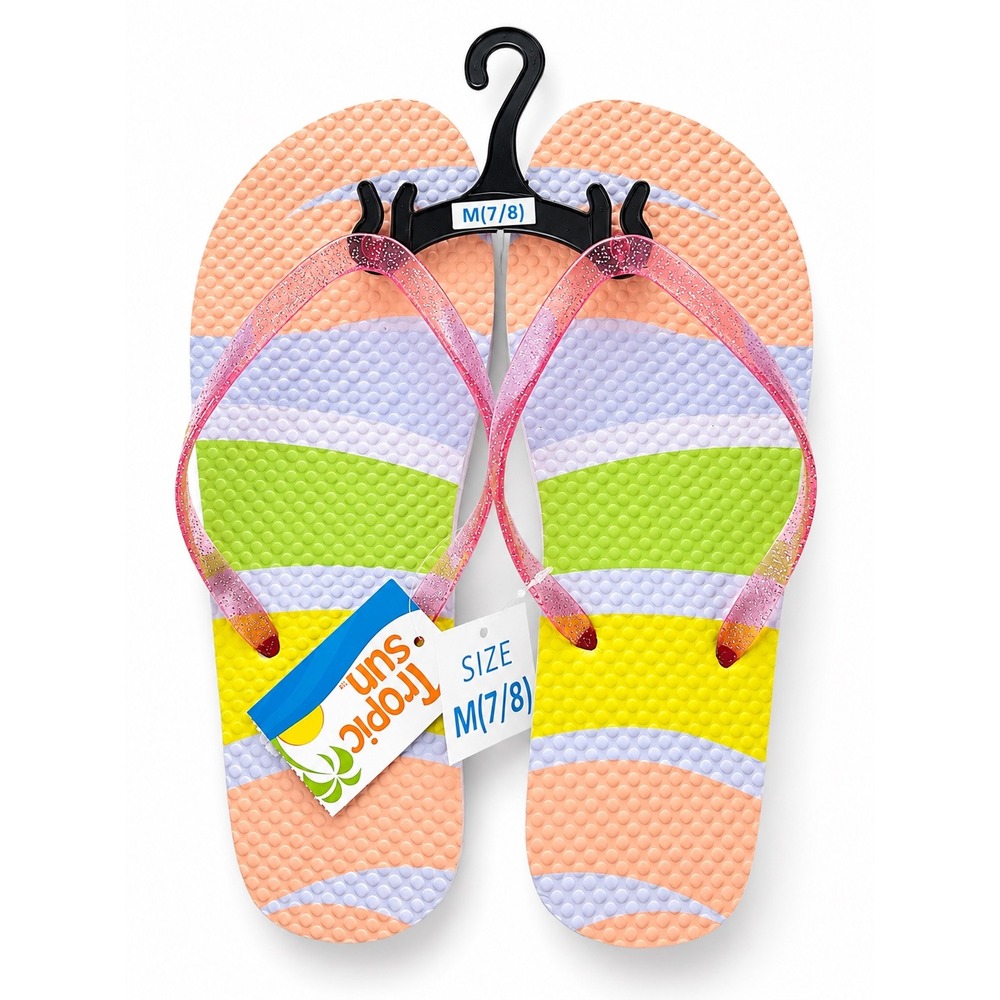 Tropic Sun Womens Rainbow Striped Flip Flops Pink Glitter Straps Size M 7-8 NEW